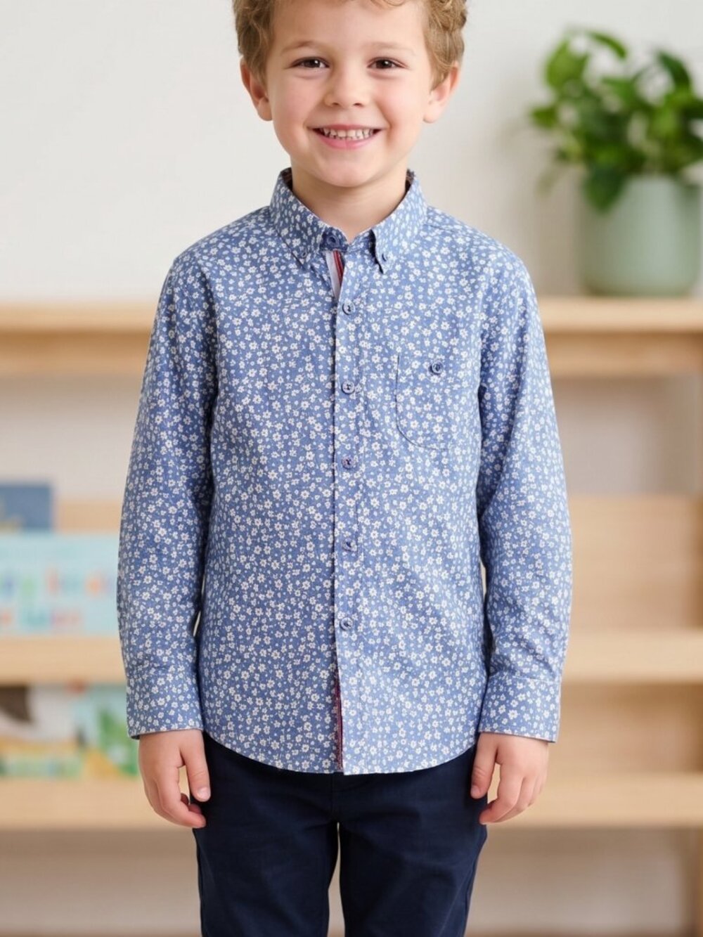 NWT Cloudcloth Boys Blue Floral 4-Way Stretch Button Up Shirt Size 6